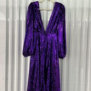 Royal Purple Deep V Neck Sequin Midi Dress Backless